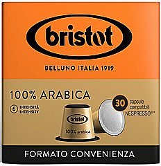 30 קפסולות אלומניום תואם נספרסו Bristot 100% arabica חוזק 6 30 קפסולות אלומניום תואם נספרסו Bristot 100% arabica חוזק 6