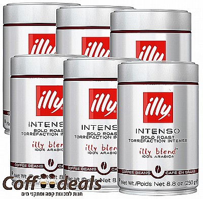 6 קופסאות של 250 גרם פולי קפה illy intenso bold roast 100% arabica