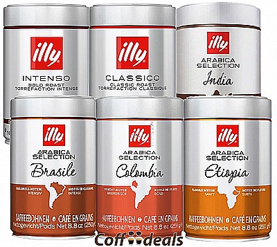 6 קפסאות של 250 גרם פולי קפה illy Monoarabica MIX 100% arabica לבחירה עצמית