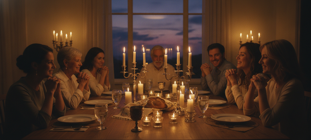 A cozy family gathering around a Shabbat dinner table at dusk, warm candlelight, glasses of water on the table, sense of togetherness and calm, no text, no visible products or branding