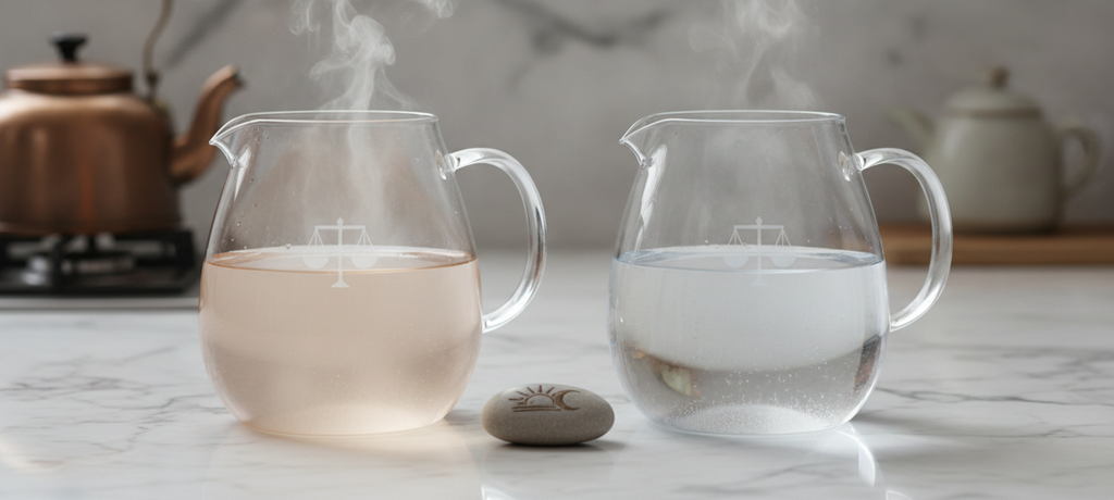 A close-up still life of two glass pitchers, one filled with steaming warm water and the other with cool clear water, resting side by side on a marble kitchen counter, gentle steam rising, symbolizing balance and choice between comfort and tradition.