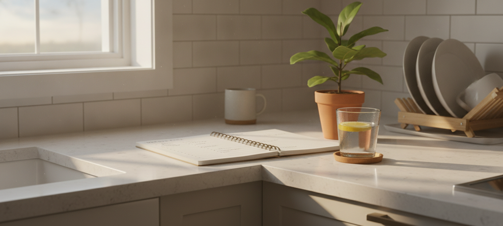 A peaceful home kitchen corner bathed in soft morning light, featuring a neatly organized checklist notebook, a cup of water, and a small potted plant on the counter, evoking a sense of thoughtful preparation, clarity, and readiness for the week ahead.