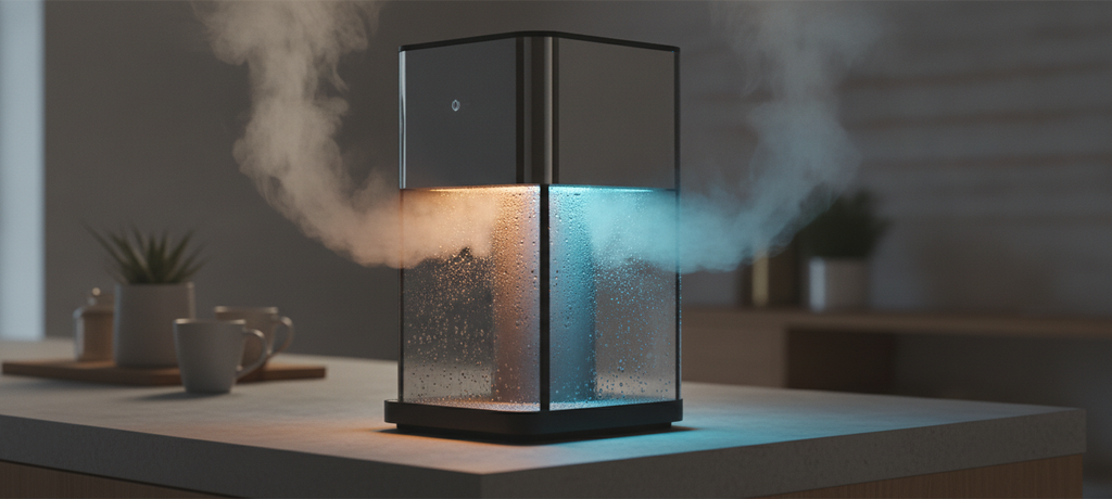 A modern kitchen counter with a sleek water dispenser silhouette suggested by soft steam and condensation droplets, warm and cool light tones blending together, symbolizing hot and cold water balance, cozy home atmosphere, no text, no logos