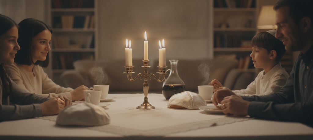 A peaceful family gathering around a set table on a quiet Shabbat evening, warm candle glow, cups of tea and calm hands resting on the table, soft focus background emphasizing togetherness and comfort, no text, no products visible