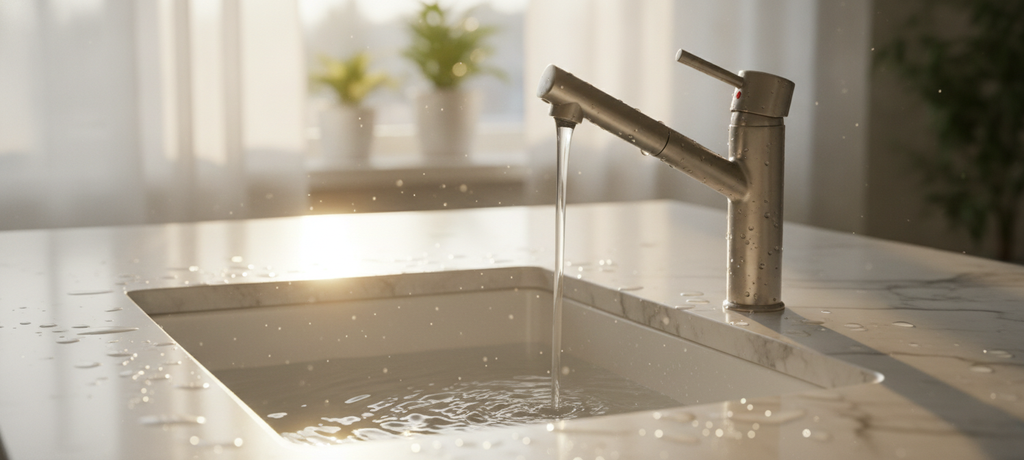 Close-up view of a kitchen countertop with a faucet and a small basin, sunlight reflecting off water droplets, conveying cleanliness, purity, and quiet functionality, warm and inviting mood, no people, no text, no logos