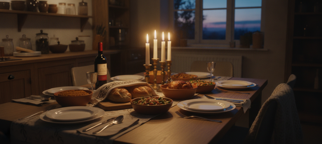 A cozy family kitchen table set for a Sabbath meal at dusk, glowing candlelight, soft shadows, sense of warmth, togetherness, and readiness for rest, no people, no text, no visible brand elements