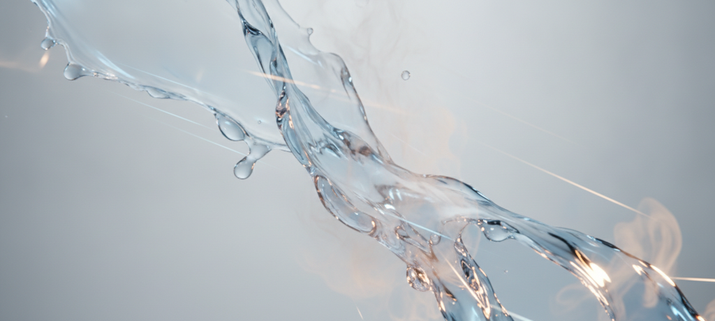Close-up conceptual image of clear flowing water and gentle steam rising together, symbolizing hot and cold water combined, soft blue and warm amber tones blending, abstract droplets and light reflections, clean minimalist background, calm technological yet natural feeling, no text or objects with branding