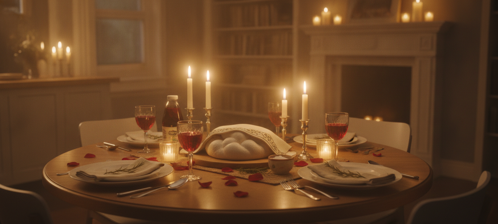 A peaceful family kitchen table set for Shabbat dinner, soft candlelight glowing warmly, a sense of togetherness and quiet reflection, blurred background suggesting comfort and home, warm golden tones evoking tradition and thoughtful decision-making, no visible text or product labels
