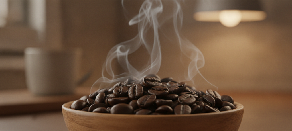 Close-up macro shot of coffee beans releasing subtle wisps of aromatic steam, capturing the sensory essence of freshness and aroma, soft warm lighting, blurred background suggesting a home kitchen atmosphere, no text or products visible