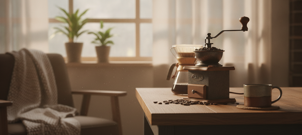 A serene home coffee corner with a grinder and beans in soft focus, warm ambient light streaming through a window, conveying a peaceful daily ritual of preparing fresh coffee, cozy and inviting mood, no visible branding or text