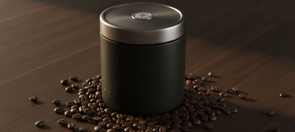 A close-up of a sealed opaque storage container with a small one-way valve detail, surrounded by scattered coffee beans on a dark wooden surface, soft directional light creating gentle shadows, conveying freshness, protection, and careful preservation