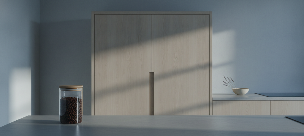 A serene, minimalist kitchen scene at dawn with a closed pantry cabinet, a glass jar of coffee beans tucked in shadow away from sunlight, soft blue-grey morning tones creating a calm, peaceful atmosphere of care and preservation