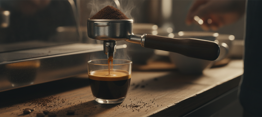 Close-up of an espresso machine portafilter being filled with freshly ground dark coffee, rich crema forming in a small cup below, warm golden lighting, steam swirling in the air, textured wooden countertop, cinematic and cozy caf? atmosphere
