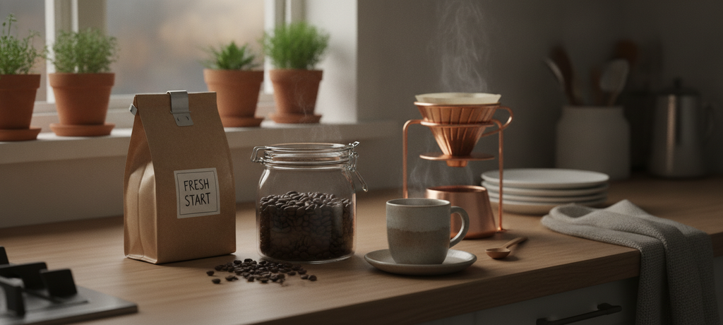 A peaceful home kitchen counter at dusk with a sealed bag of coffee beans, a small airtight glass jar filled with beans nearby, soft ambient lighting, calm and orderly composition symbolizing freshness and care, warm neutral tones creating a sense of comfort and routine