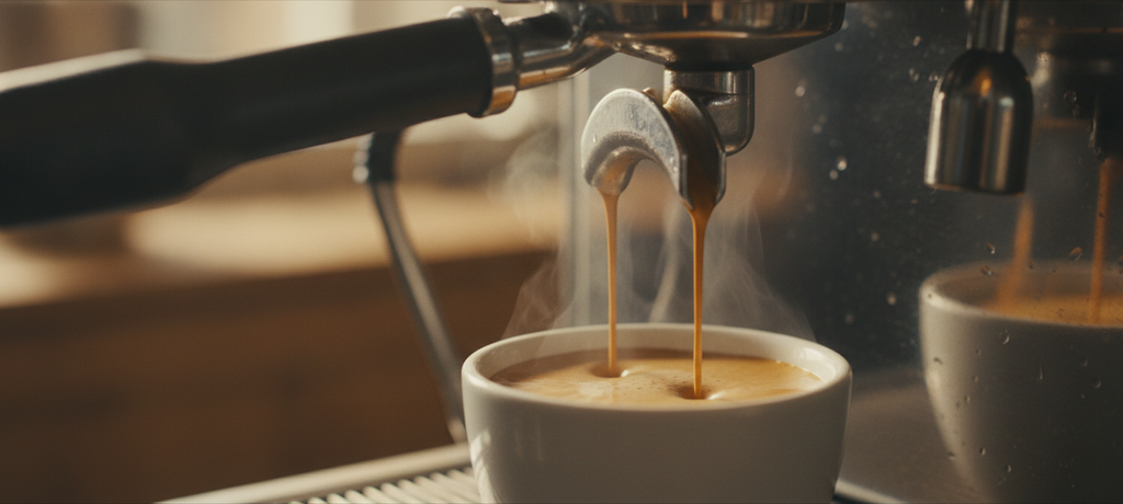 Close-up macro shot of an espresso machine extracting rich golden-brown crema into a small cup, steam rising gently, warm ambient lighting emphasizing precision and craftsmanship, no text or brand elements, photorealistic