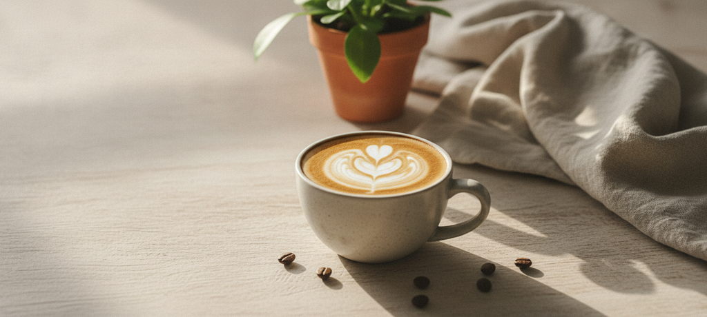 A serene still life of a coffee cup with latte art on a wooden table, surrounded by soft morning light, a small plant and neutral textiles in the background, conveying calm satisfaction and daily ritual, no text, warm inviting atmosphere