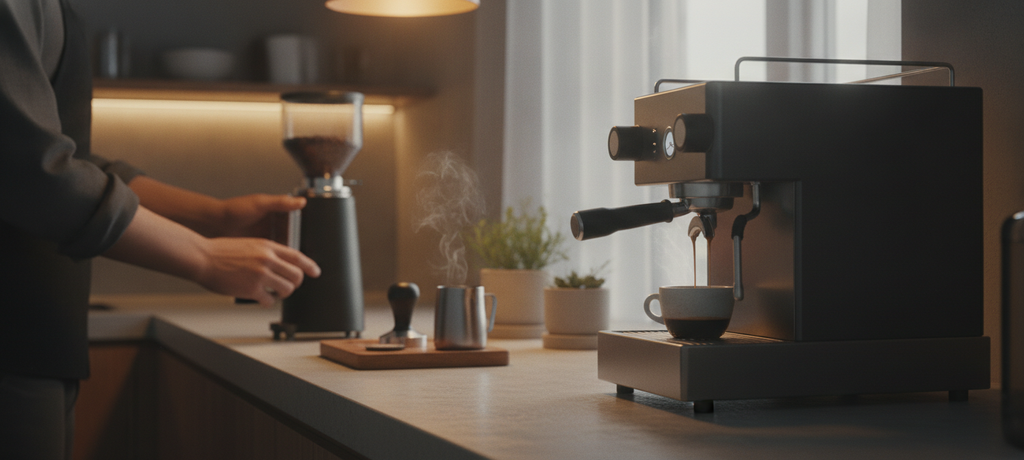 A stylish home kitchen counter scene featuring an espresso machine brewing coffee into a small cup, gentle steam rising, warm ambient lighting, hands adjusting a coffee grinder in the background, cozy and modern aesthetic, soft focus on brewing process