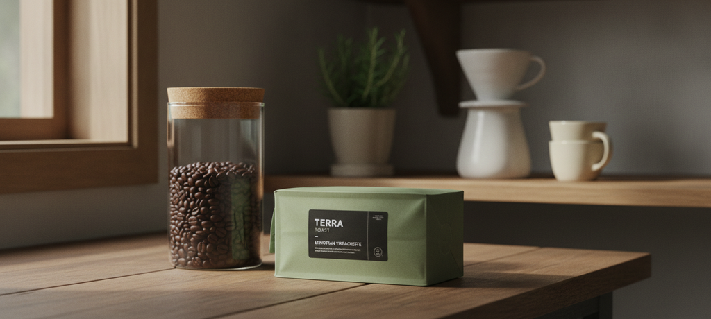 A serene still life of a sealed coffee bag resting beside a glass storage container filled with beans, soft natural light from a window, warm kitchen setting, calm and organized atmosphere emphasizing freshness and care, muted earthy color palette