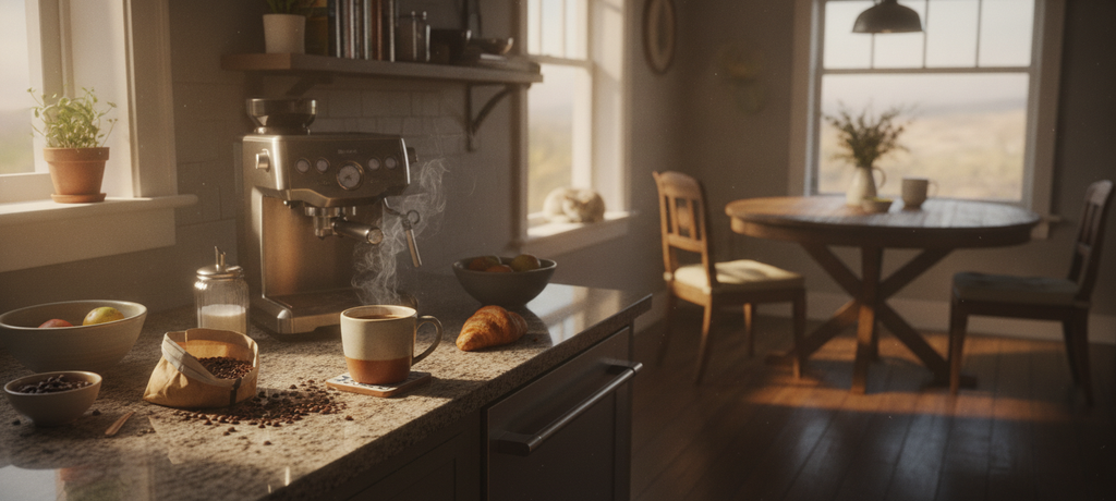 A peaceful home kitchen scene at sunrise with a freshly brewed cup of coffee resting beside a coffee machine, warm golden light filling the space, steam rising gently, creating a feeling of daily ritual, satisfaction, and calm contentment