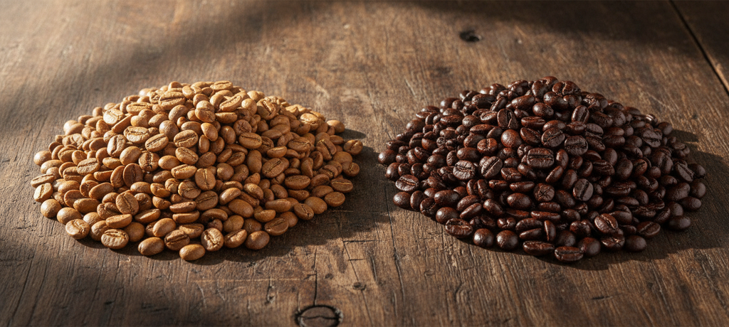 An artistic overhead shot of two distinct piles of coffee beans side by side, one lighter and one darker, illustrating a blend concept, soft natural lighting, warm earthy tones, wooden surface background, no text or branding