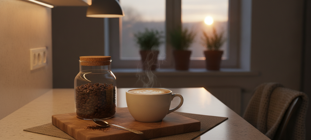 A serene home kitchen countertop scene at dusk, a cup of creamy cappuccino with soft foam sitting beside a small jar of coffee beans, warm ambient lighting, cozy and comforting atmosphere, no text or visible brand markings