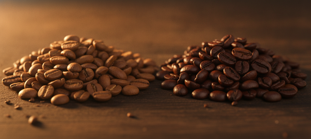 Close-up artistic shot of roasted coffee beans in two distinct piles side by side showing subtle color variation, warm directional light highlighting the oily sheen and texture of the beans, shallow depth of field, rich brown and caramel tones, sense of craftsmanship and quality, no text, no branding