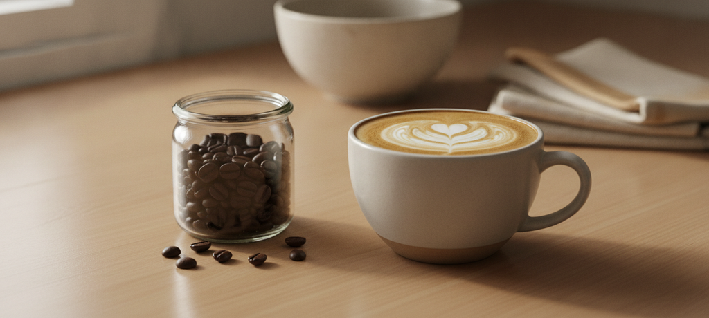 A peaceful still-life of a coffee cup with creamy latte art resting beside a small glass jar of coffee beans in soft natural light, cozy kitchen counter setting, warm cream and brown palette, sense of comfort and satisfaction, calm reflective mood, no text, no products visible clearly