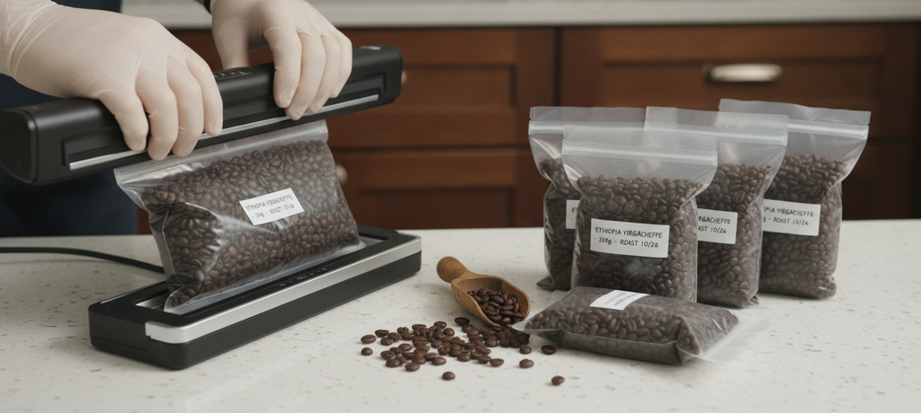Close-up of coffee beans being carefully sealed into small vacuum storage bags on a clean kitchen counter, with a dark cabinet in the soft-focused background, conveying freshness preservation and careful organization