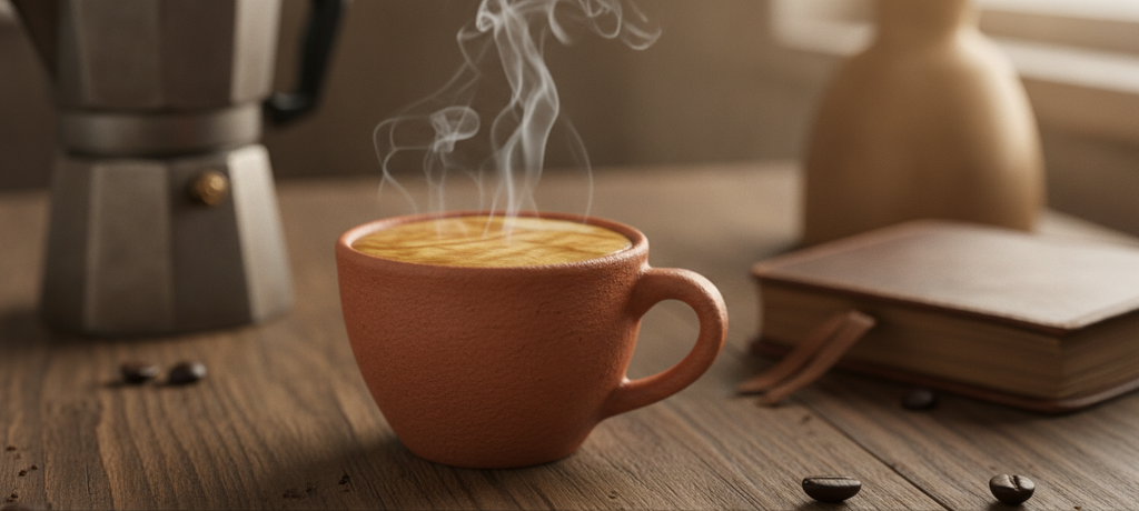 A perfectly pulled espresso shot with rich golden crema in a small ceramic cup, placed on a wooden table with soft ambient lighting, steam curling upward, evoking warmth and authentic Italian coffee culture