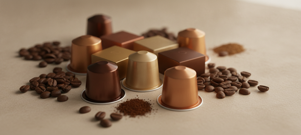 A close-up artistic arrangement of coffee capsules and roasted coffee beans in warm earthy tones, arranged neatly on a clean surface with soft natural lighting, emphasizing variety and richness of coffee blends, no text, no brand names, no people