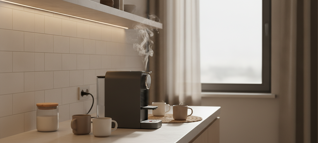 A serene modern kitchen countertop featuring a coffee machine silhouette with steam rising gently, surrounded by soft ambient light, a sense of calm reliability and everyday comfort, warm neutral color palette, no text, no visible logos, no people