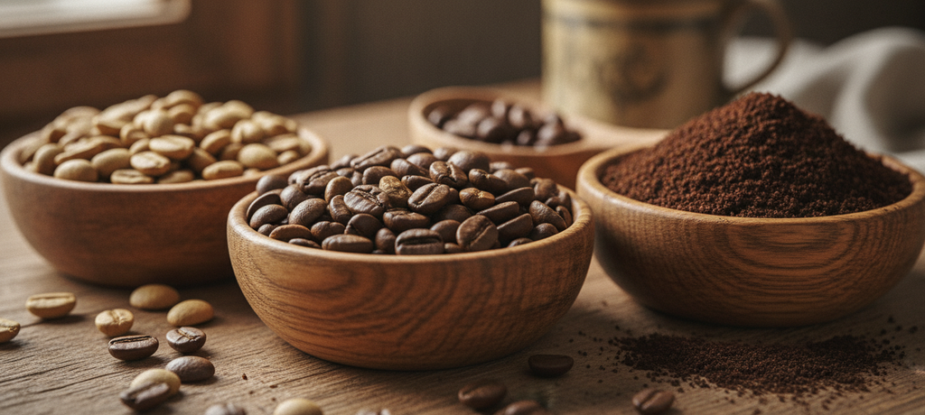 A close-up artistic arrangement of assorted coffee beans in various shades of roast, some whole and some ground, displayed in small wooden bowls with soft natural lighting highlighting their rich textures and colors