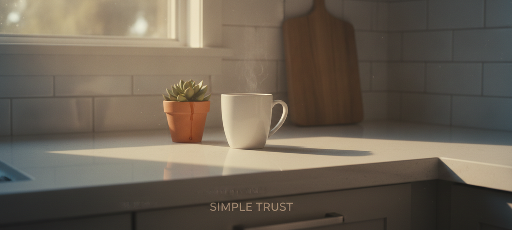 A cozy home kitchen counter scene at sunrise with a coffee cup, a small plant, and gentle light reflecting off a clean surface, symbolizing simplicity, trust, and a satisfying everyday ritual