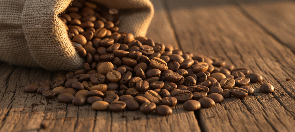Close-up of roasted coffee beans in various shades from light to dark, some spilling from a burlap sack onto a rustic wooden surface, warm golden lighting emphasizing texture and richness, artisanal and premium feel, no text or branding