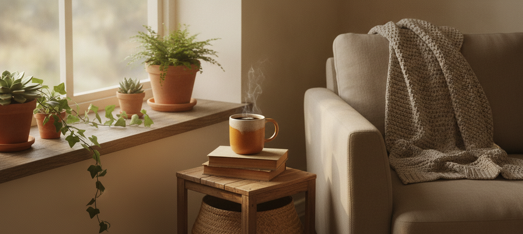 A peaceful home coffee corner with a cup of coffee steaming gently on a windowsill, soft natural daylight, plants and warm neutral tones creating a sense of comfort and satisfaction, calm and inviting mood, no text or products visible