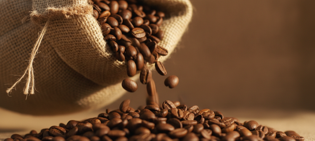 Close-up of roasted coffee beans in various shades pouring from a burlap sack, rich brown tones, warm natural lighting, artisanal and premium feel, no text or branding