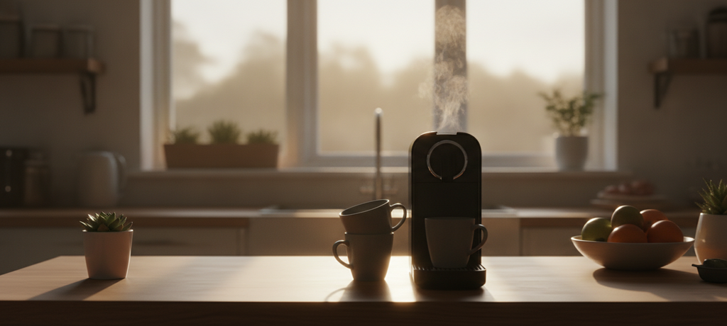 A serene home kitchen counter with a coffee machine silhouette, steam rising gently, morning sunlight, clean and organized space conveying comfort and satisfaction, no text or product branding visible