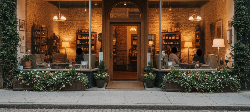 A cozy neighborhood storefront with warm interior lighting visible through large windows, a welcoming entrance, soft daylight, sense of trust and community, no text, no signage details, no people faces visible