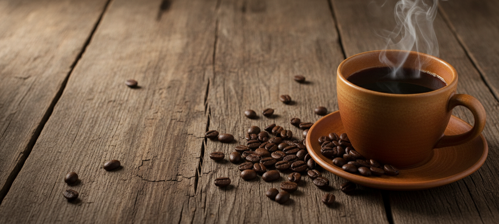A peaceful still life of coffee beans scattered on a rustic wooden surface beside a warm cup of coffee, gentle steam rising, soft natural light, calm and satisfying mood, no text, no logos
