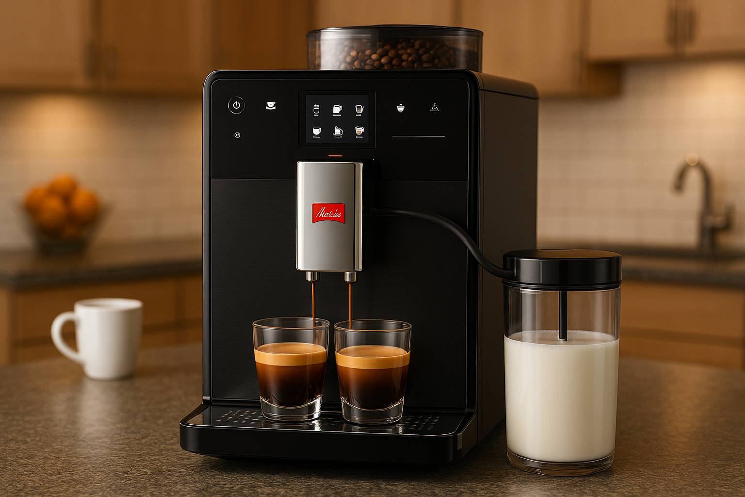 מכונת קפה אוטומטית טוחנת Melitta עם מיכל חלב וכוסות אספרסו על שיש מטבח מודרני