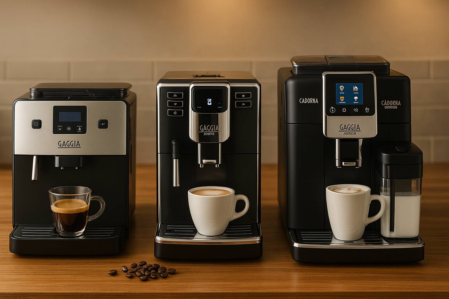alt: שלוש מכונות קפה אוטומטיות Gaggia – Brera, Anima ו־Cadorna Prestige – מוצגות על משטח עץ במטבח מודרני עם כוסות קפה וקצף חלב