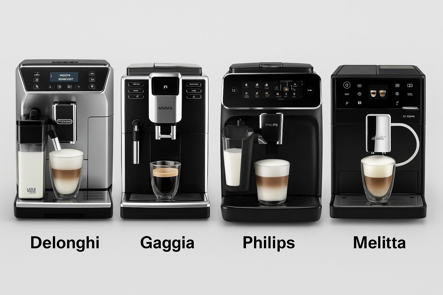 ALT: השוואה בין ארבע מכונות קפה אוטומטיות טוחנות: Delonghi, Gaggia, Philips ו־Melitta – כולל כוסות קפה, מקציף חלב ועיצוב קדמי של כל מותג.
