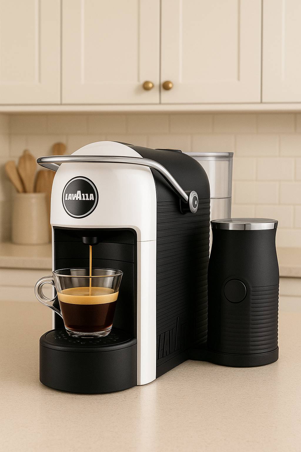 מכונת קפה Lavazza Jolie & Milk בצבע שחור־לבן מוצבת על שיש מטבח מודרני, עם כוס אספרסו ומקציף חלב משולב.