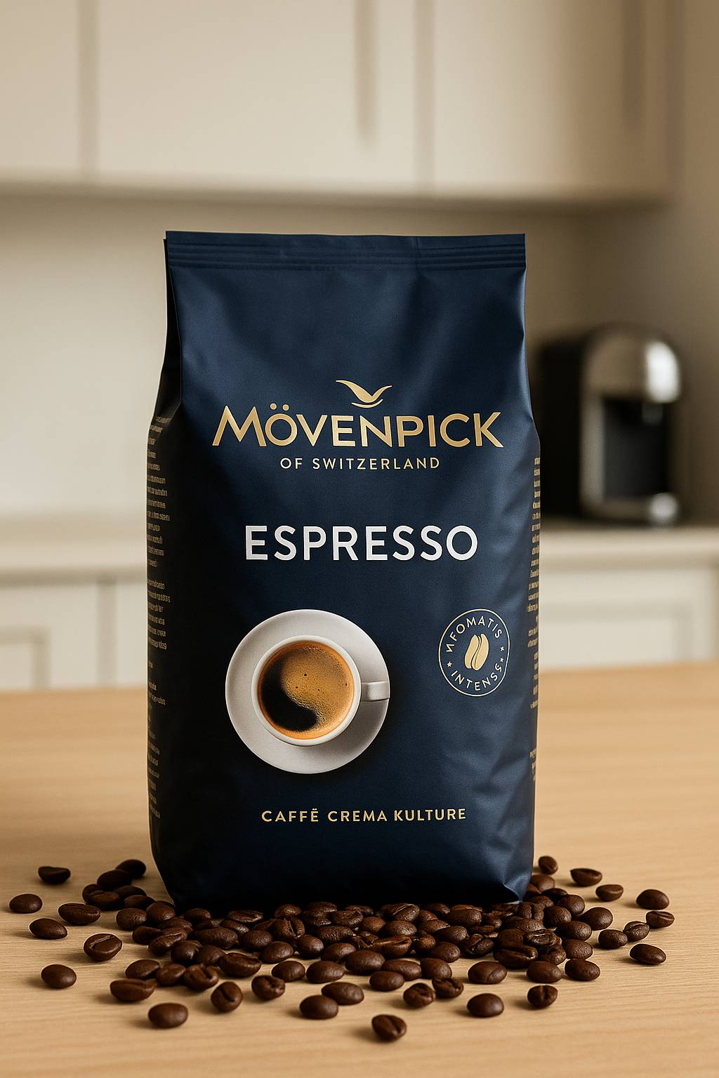 שקית פולי קפה Mövenpick Espresso על שולחן עץ עם פולי קפה מפוזרים, ברקע מטבח מודרני