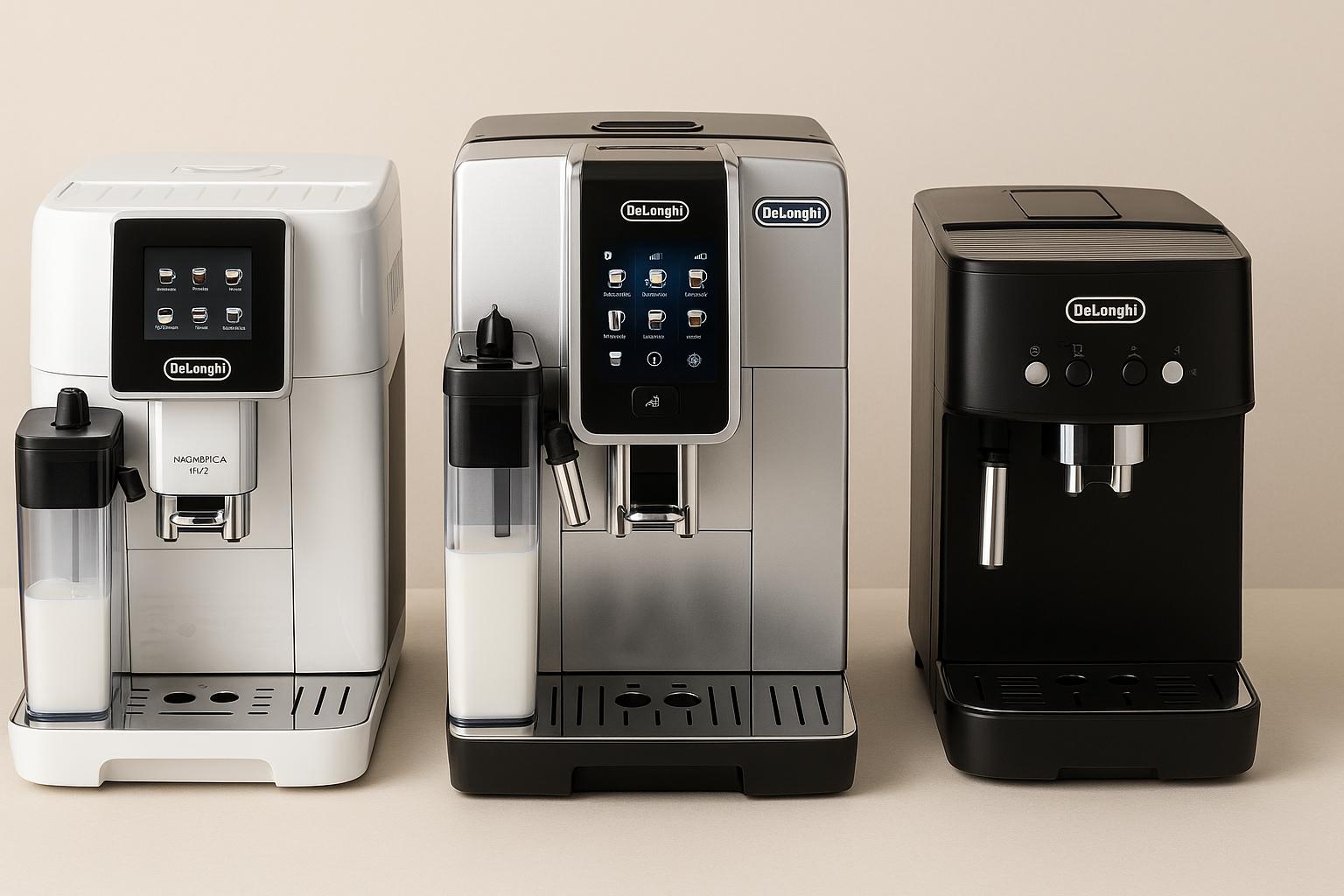 שלוש מכונות קפה של דלונגי מוצגות זו לצד זו – דגם לבן Magnifica Evo, דגם כסוף Dinamica Plus ודגם שחור קומפקטי – על רקע בגוון בז'.