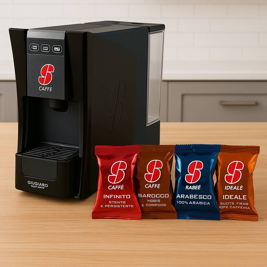 מכונת קפה Essse Caffè שחורה מדגם Giugiaro ניצבת על משטח עץ מטבח, ולפניה ארבע קפסולות צבעוניות בטעמים Infinito, Barocco, Arabesco ו-Ideale. ברקע – מטבח מודרני בגוונים בהירים.