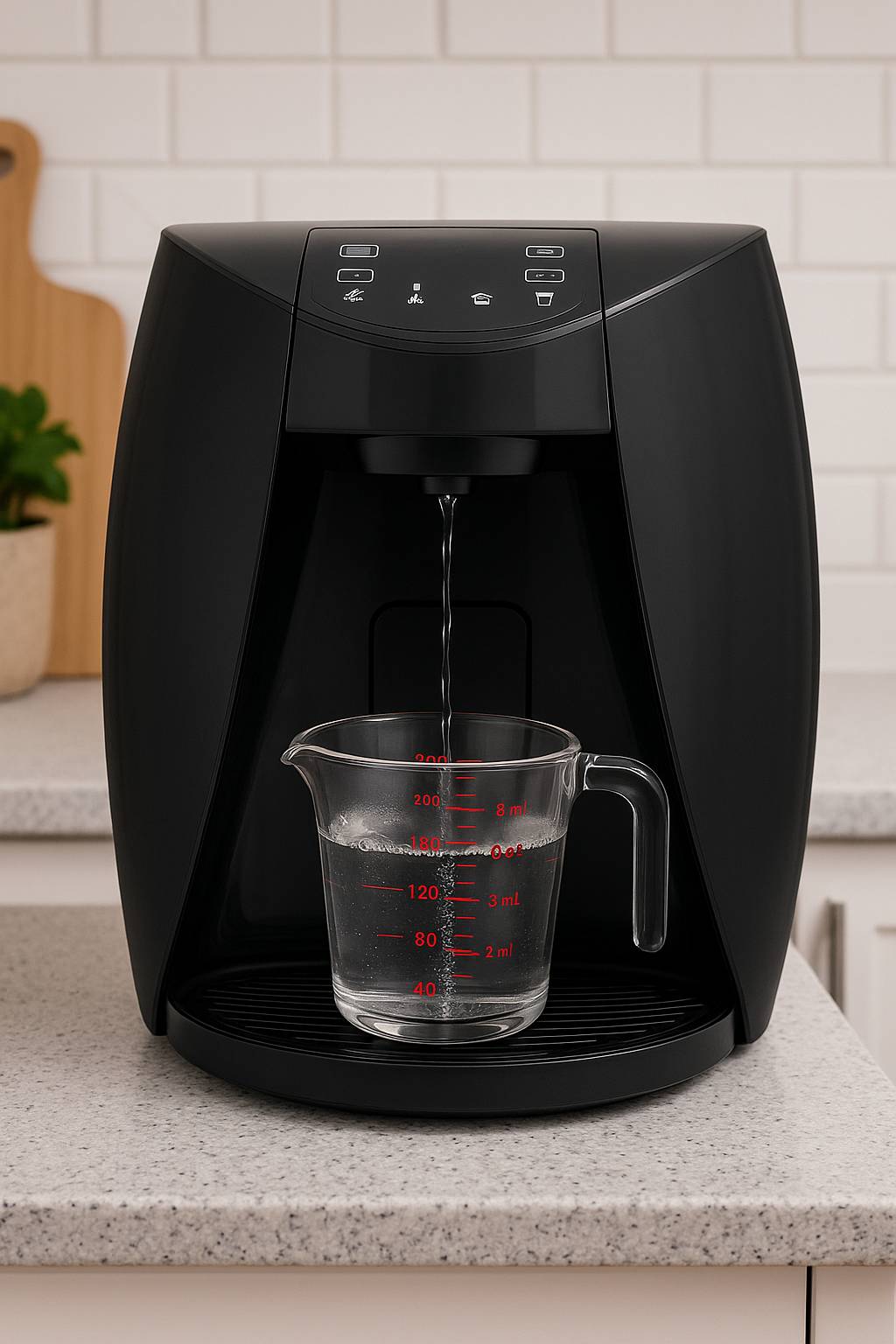 מתקן מים שחור מבצע מזיגה מדויקת לתוך כוס מדידה שקופה, על רקע מטבח מודרני עם חיפוי לבנים