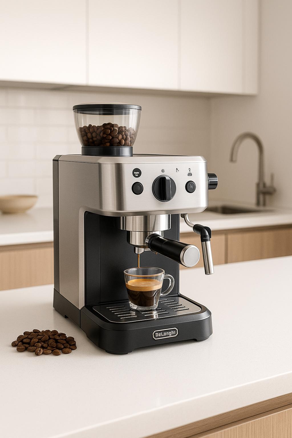 מכונת קפה טוחנת של דלונגי על משטח מטבח מודרני עם כוס אספרסו ופולי קפה ברקע.