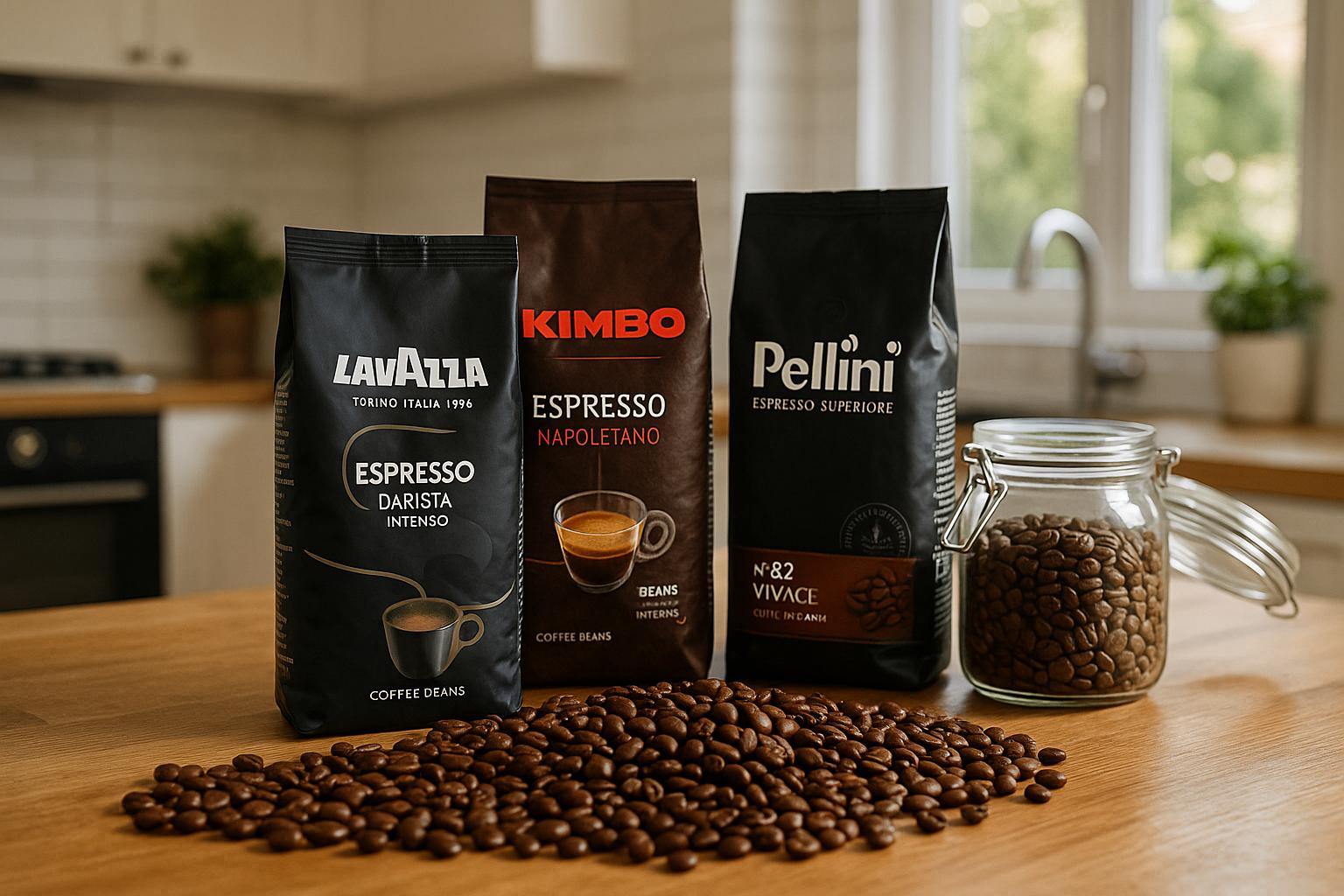 שקיות פולי קפה של מותגים איטלקיים Lavazza, Kimbo ו־Pellini על שולחן עץ עם פולי קפה מפוזרים, ברקע מטבח מואר